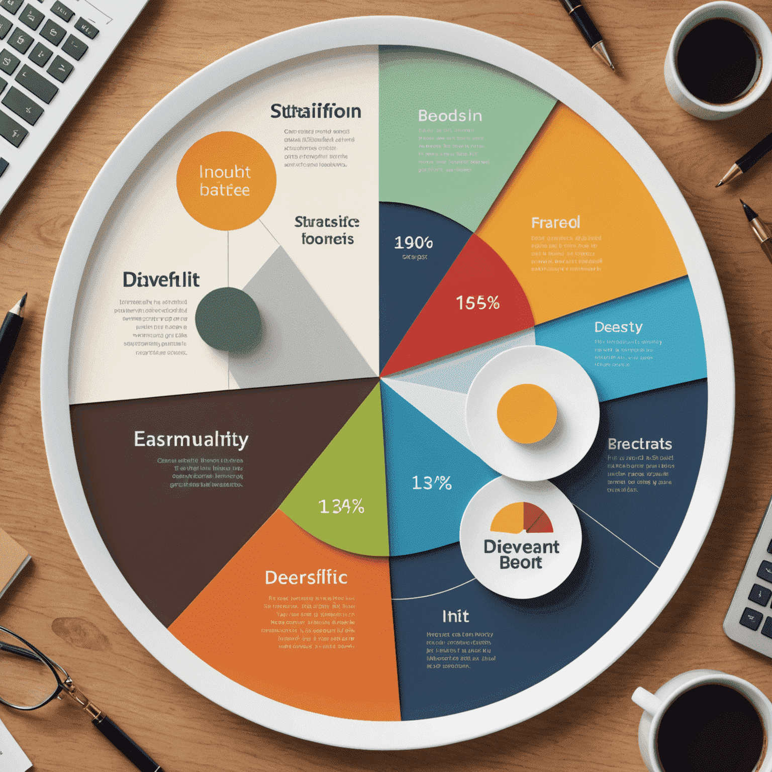 An illustration showing various investment types such as stocks, bonds, real estate, and commodities arranged in a balanced portfolio pie chart, symbolizing diversification